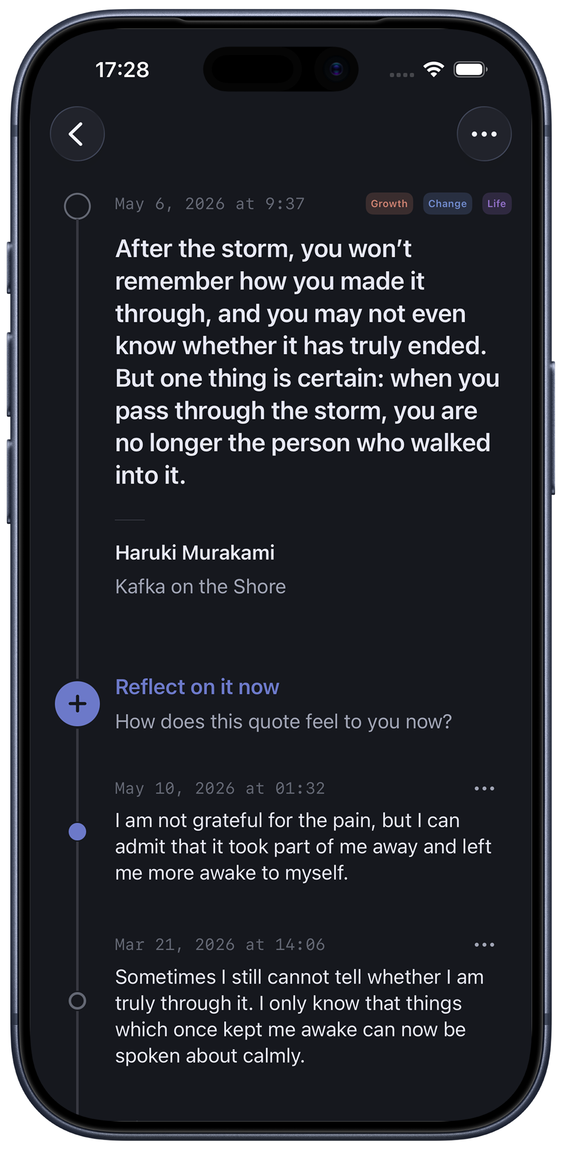 Resonote quote collection and reflection timeline on iPhone